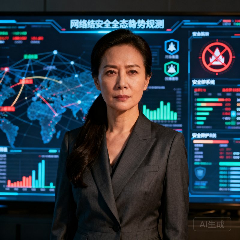 DB视讯首席安全架构师林若溪女士的职业肖像照，背景为网络安全态势感知大屏，人物约38岁长发束起，眼神锐利
